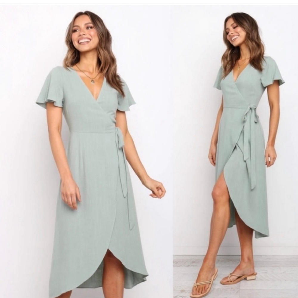 Petal + Pup Linen Mint Green Midi Wrap Dress Small